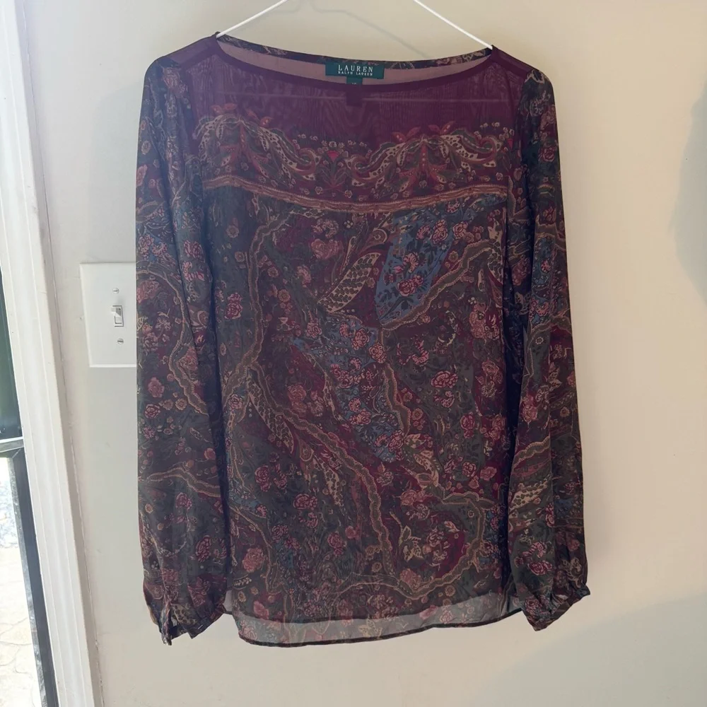 Ralph Lauren Paisley Sheer Boho Blouse XS | Vintage-Inspired Long Sleeve Top - Picture 1 of 6